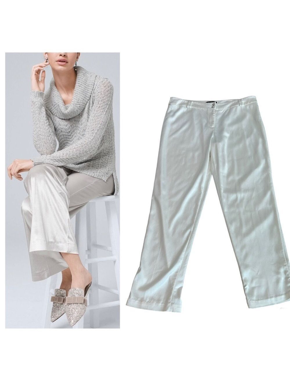 WHITE House Black market White satin trouser pants Sz 14🇨🇦